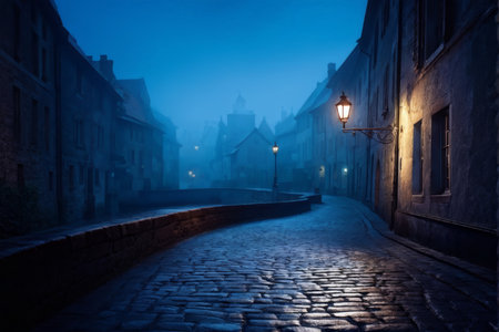 A dimly lit cobblestone street at dusk or dawn with old buildings; one lamppost is illuminated by atmospheric fog.の素材
