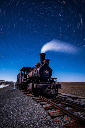 A vintage train with smoke from its chimney is captured under starry sky at night in this photograph showing time-lapse traces of stars moving across it. The ground appears rocky.の素材