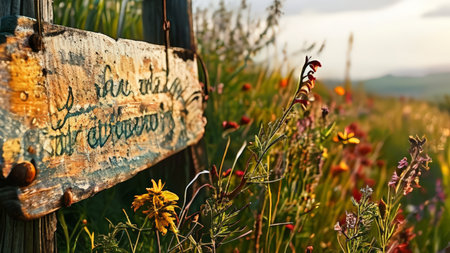 A weathered sign reads "L'enfant" in French with blurred wildflowers and greenery around it.の素材
