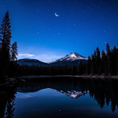 A night-time landscape featuring silhouetted evergreen trees in front of snow-capped mountains under a starry sky with a crescent moon reflected in still water.の素材