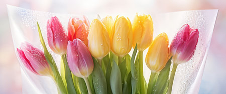 A bouquet of tulips in various shades of yellow, pink, red, peach, and orange with water droplets visible on their petals and surrounding surface.の素材