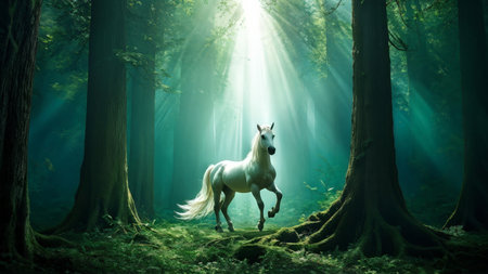 A white horse with flowing mane galloping through sun-dappled forest rays.の素材