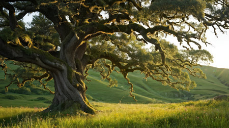 A large tree with mossy branches stands in an open grassland landscape during golden hour sunlight. The scene features rolling hills covered in greenery under a bright sky.の素材