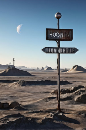 A sci-fi landscape with sand dunes under a crescent moon displays an old signpost pointing towards "Hoom Hie" and another mysterious destination in a barren setting; a metallic sphの素材