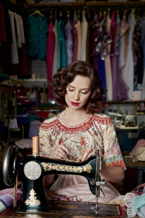 The photograph shows an elegant woman sitting at a sewing machine surrounded by racks of colorful dresses in various styles. She appears focused as she stitches together fabric witの素材