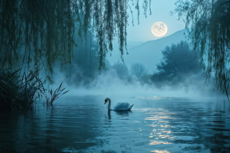 A serene nighttime scene depicting a swan floating peacefully in still waters with mist rising from it; tall trees hang over the water's edge and a full moon is visible above distaの素材