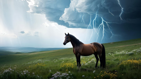 A horse standing in an open field under dark stormy clouds with lightning striking through them during daylight hours.の素材