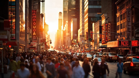 A bustling urban street filled with people walking down sidewalks as cars drive by; buildings line both sides of the street, including theater marquee lights at dusk or sunrise inの素材