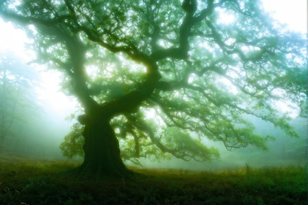 A large tree with sprawling branches partially enveloped in mist during daylight hours.の素材