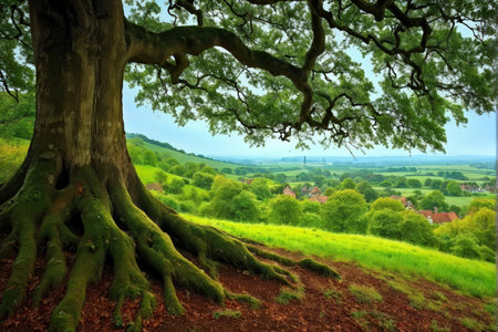 A large tree with mossy roots overlooks rolling countryside in England during daylight hours, showcasing vibrant green landscapes and distant buildings.の素材