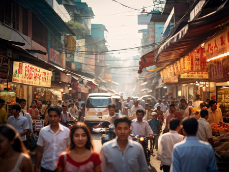 People walking in busy street with vendors selling food under hanging signs at sunset; multiple power lines are above them.の素材