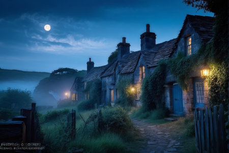 A cozy evening scene with old cottages covered in ivy at dusk or dawn against a dark blue sky illuminated by moonlight, surrounded by mist over rolling hills leading towards distanの素材