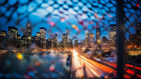 A cityscape at night with blurred lights from traffic captured through a mesh fence or netting.の素材