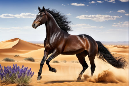 A brown horse with black legs runs through sand dunes in a desert landscape under a blue sky scattered with clouds; purple flowers are present near the bottom left of the frame.の素材