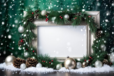 A festive holiday display featuring pine branches with decorations, large ornaments, snow-like elements, and greenery against a white backdrop is decorated around an empty pictureの素材