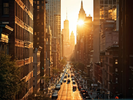 A sunny cityscape with tall skyscrapers at dusk in New York City's Upper West Side; sunlight reflects off buildings' windows as cars drive down a busy street lined with parked vehiの素材