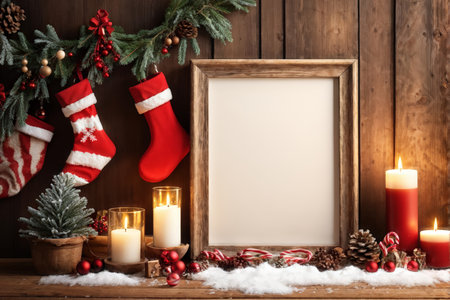 A still life of Christmas decorations including stockings, pine cones, holly, candles, candy canes, spruce branches, snowflakes, framed board for personalization, all against a wooの素材