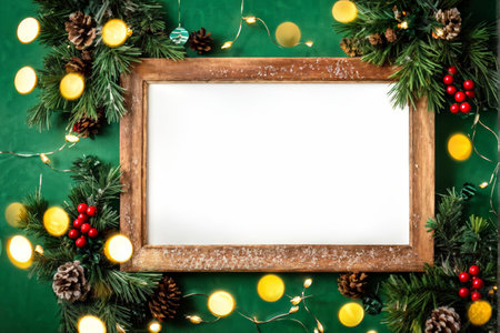 A rustic wooden frame sits against greenery with red berries and pine cones, illuminated by yellow lights; intended for personalized holiday decoration or messages.の素材