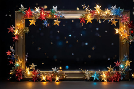 A decorative frame with glowing lights and star ornaments is displayed against a dark background sprinkled with bokeh light effects.の素材