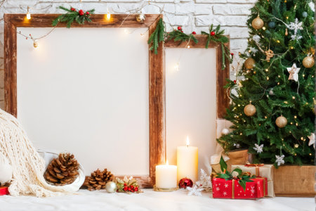 A Christmas scene with wooden boards decorated in holiday lights, pine cones, and berries beside a lit candle; next to it is a fully adorned tree with golden ornaments, white lightの素材