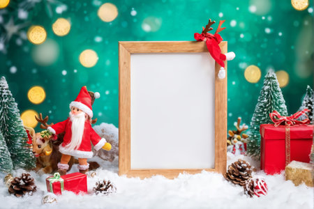 A festive scene with Christmas decorations including Santa Claus figurine, reindeer toy, pine cones, gift boxes in snow; backdrop is green bokeh lights depicting a tree.の素材