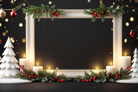 A decorative Christmas scene with white candles, pine branches, berries, red ornaments, and artificial trees against a dark background.の素材