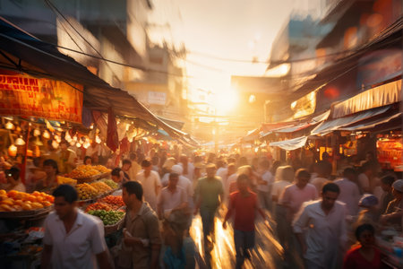A bustling market at sunset with vendors selling fruits like oranges, mangoes, and grapes, surrounded by people in various attire walking or browsing through stalls covered with faの素材