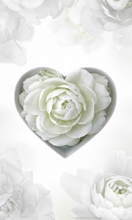 White peony flowers arranged in heart shapes against white background.の素材
