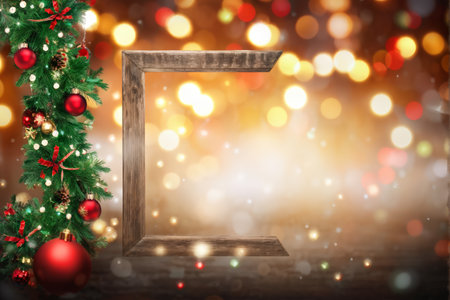 A Christmas-themed background featuring holiday lights, ornaments, and bokeh effect with text frame for personalization or branding purposes.の素材
