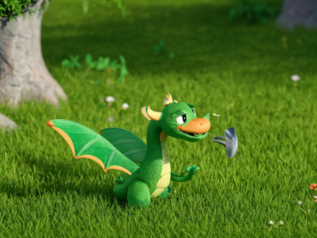 The image displays a vibrant green dragon with yellow accents sitting in lush grass surrounded by flowers and foliage. A small creature is seen flying near its mouth as if trying tの素材