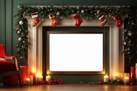 A festive fireplace decorated with Christmas stockings, garlands, ornaments, candles, red chairs, and presents in front of an empty white screen for decoration or video display.の素材