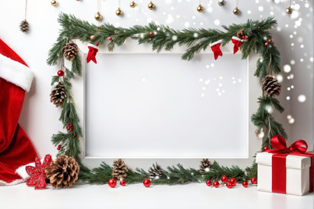 The festive composition includes a Christmas garland with pine cones and red ornaments, a Santa hat, gift box adorned with ribbons, red berries, and greenery, all set against a snoの素材