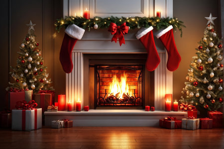 A cozy Christmas setting with stockings above fireplace, lit candles, decorated trees, presents under tree, star atop tree, and red bows adorning decorations.の素材
