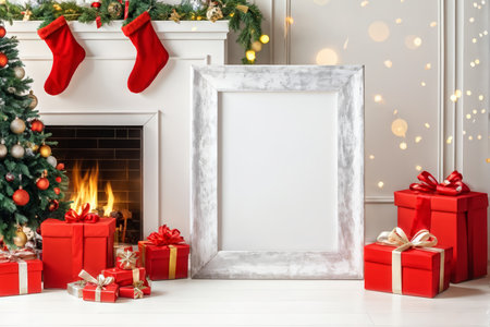 A festive Christmas scene featuring red stockings hung over a fireplace mantel adorned with greenery, a lit garland of lights around it, two large fireplaces decorated for holidaysの素材