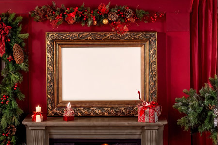 A festive Christmas display with red background, pinecones, berries, wreath, stockings, candles, gifts, framed mirror, garland, and a fireplace mantle is adorned for winter holidayの素材