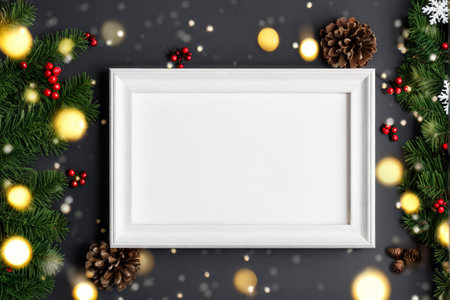 Mock up blank frame with Christmas tree branches and pine cones on dark background. Top view, flat layの素材