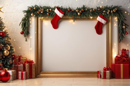 A Christmas-themed setting with stockings over a mantel, a decorated tree, ornaments, lights, garlands, presents in reds and golds near a golden picture frame with an empty space fの素材