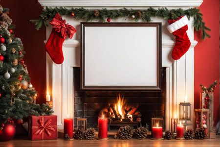 A cozy living room with holiday decorations including stockings above fireplace, Christmas tree in corner, pinecones and candles scattered around floor, red wrapping paper presentsの素材