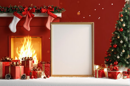 A cozy Christmas scene with stockings above a fireplace, decorated tree beside presents in red wrapping paper, snow falling around a blank gold-framed picture leaning against the wの素材
