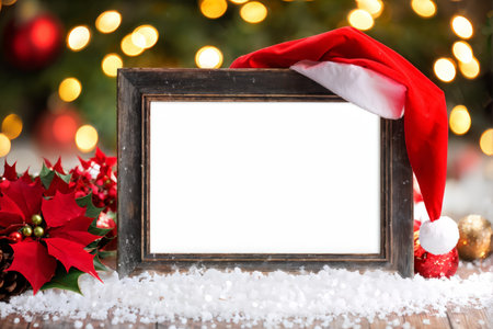 A festive composition featuring a blank wooden photo frame adorned with holiday decorations such as red poinsettias, pine cones, golden ornaments, sparkling white snow-like materiaの素材