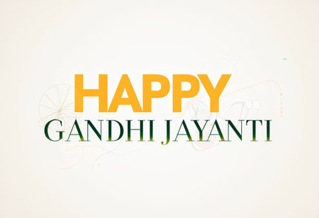 A graphic with the text 'HAPPY GANDHI JAYANTI' displayed in bold yellow font against a light background is presented. The design incorporates artistic elements like abstract shapesの素材