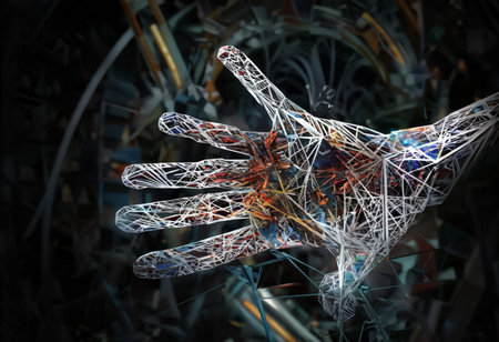 A hand is depicted with intricate lines creating an almost spider web-like effect, set against blurred metallic gear imagery in dark shades of gray and black. This artwork suggestsの素材