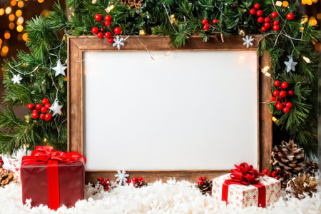 A wooden photo frame with holiday decorations including red berries, pine cones, lights, two gift boxes tied with bows, snowflakes, garlands of holly leaves, star-shaped ornamentsの素材