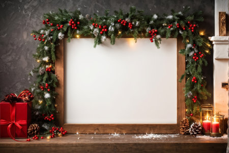 A decorated Christmas mantel with wreath, pinecones, gifts, candles, and a fir tree adorned with lights and red berries against a stone backdrop.の素材