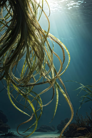 Underwater shot of aquatic plants with light rays streaming through water.の素材