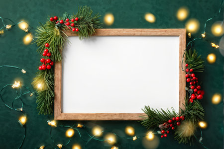 A wooden picture frame with greenery and red berries is surrounded by warm yellow string lights against a dark teal background.の素材