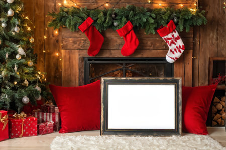 A cozy holiday scene with stockings above a fireplace surrounded by Christmas decorations including presents, garland, and ornaments in reds, whites, greens, and golds. A blank picの素材