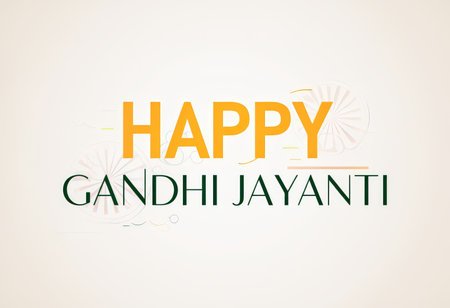 Graphic with orange text 'HAPPY' above green text 'GANDHI JAYANTI', against off-white background; fireworks-like design in top-right corner.の素材