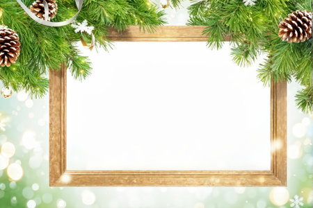 A decorative Christmas border featuring green pine branches with snow-covered tips and brown cones against a blurred background of twinkling lights and bokeh effects.の素材