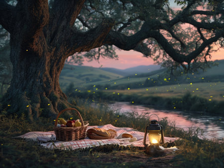 A picturesque scene featuring an outdoor picnic setting with food items placed around a lantern by water under trees during sunset or sunrise hours.の素材